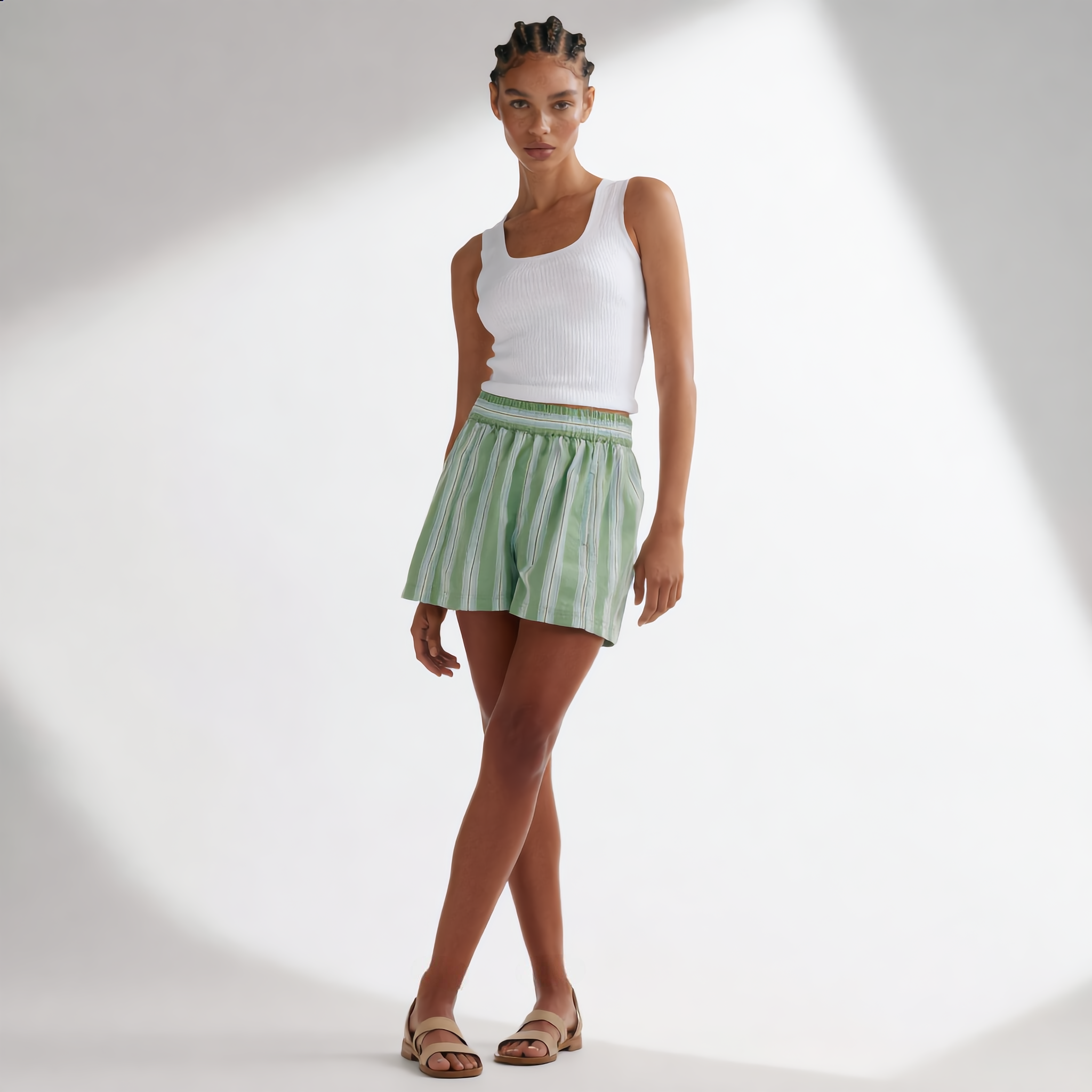 Cotton Stripe Short Smocked Waist