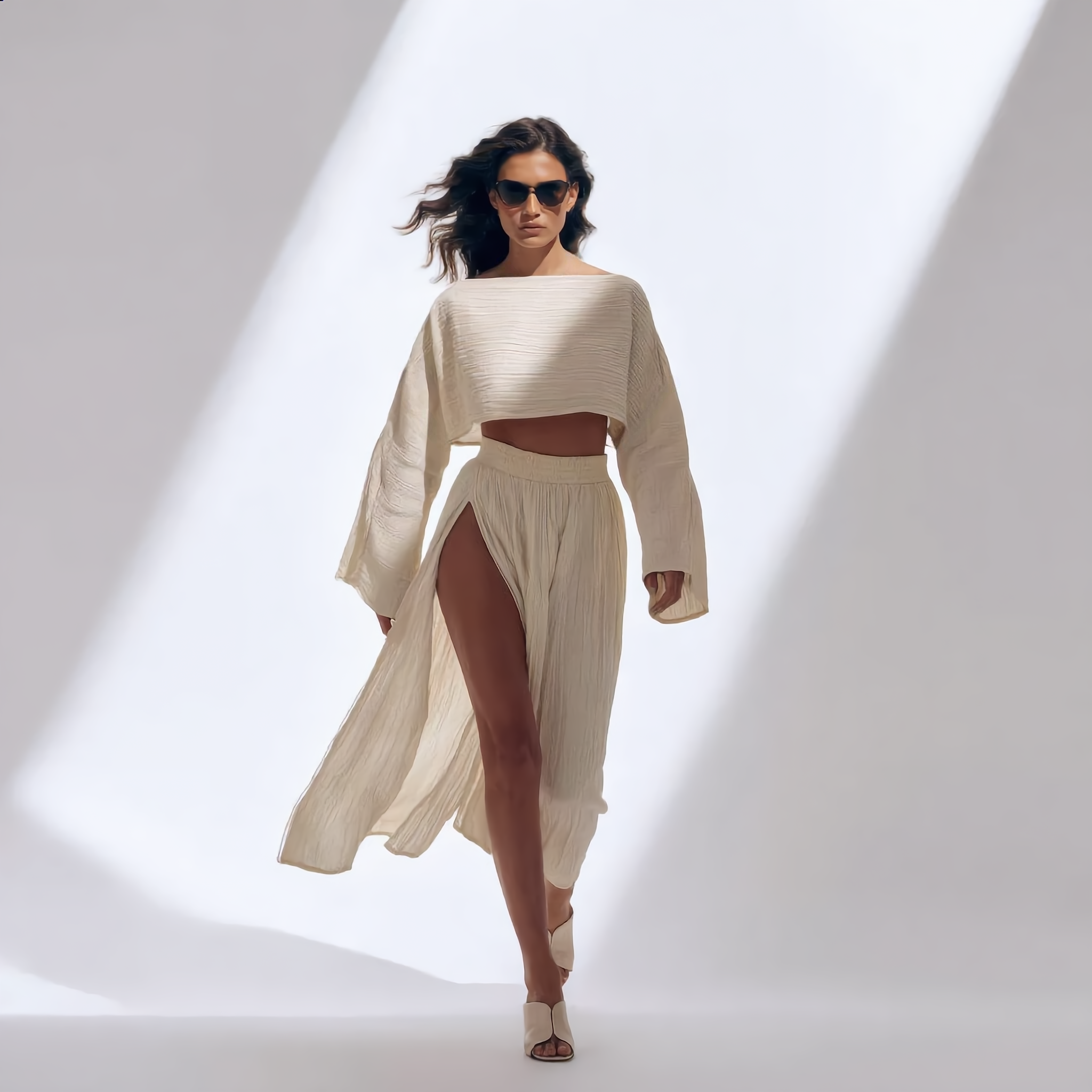 Cotton Linen Flare Sleeve High Slit Set