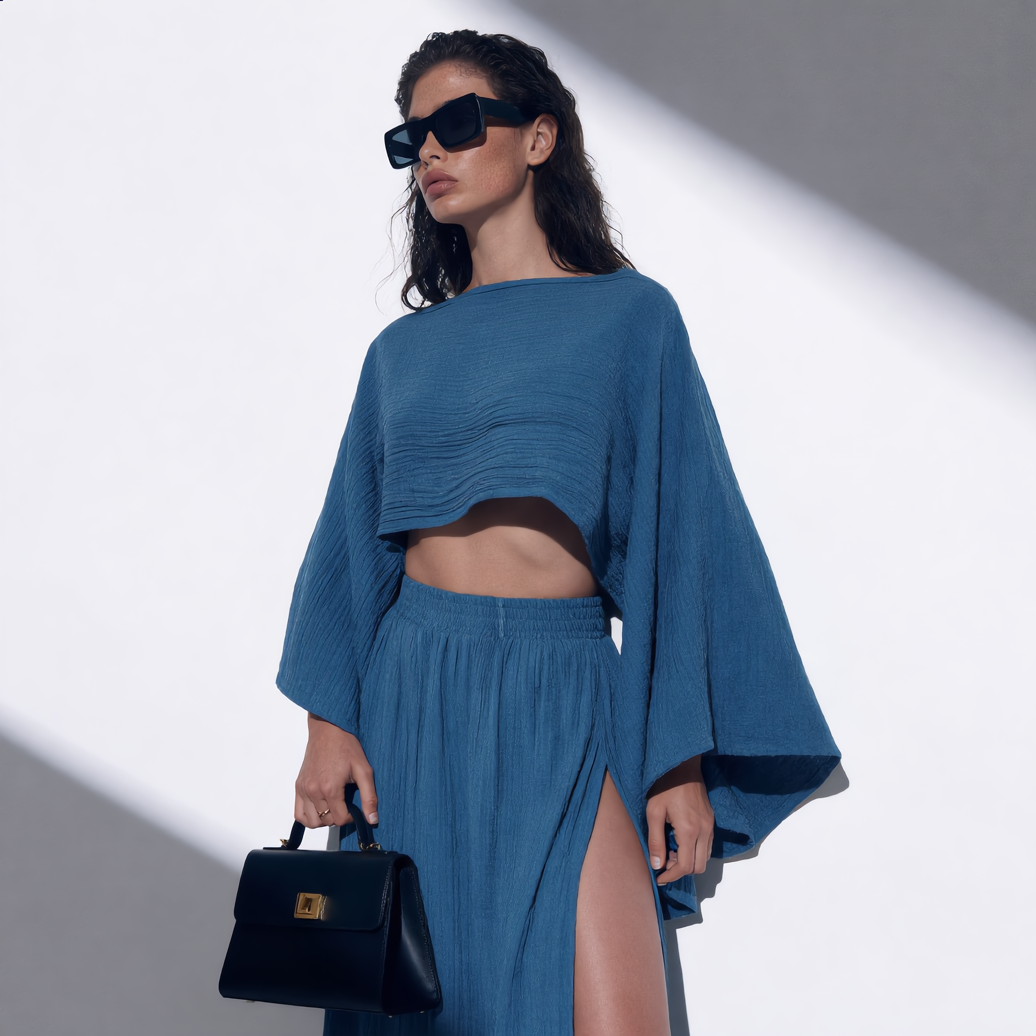 Cotton Linen Flare Sleeve High Slit Set