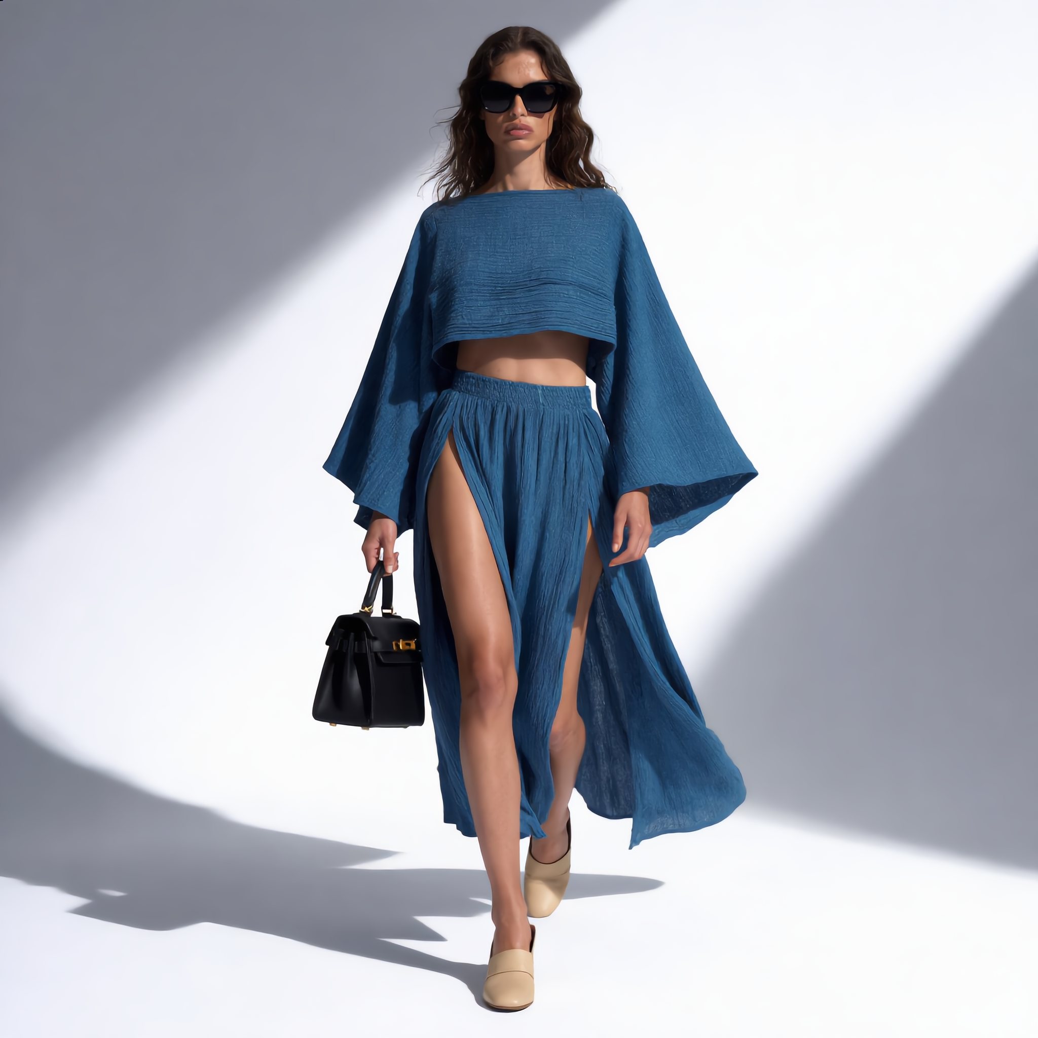 Cotton Linen Flare Sleeve High Slit Set