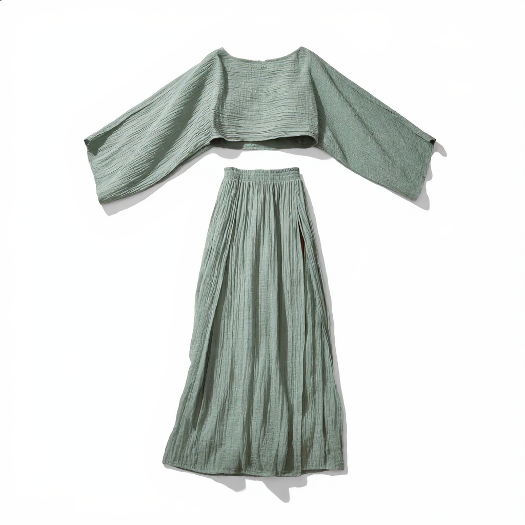 Cotton Linen Flare Sleeve High Slit Set