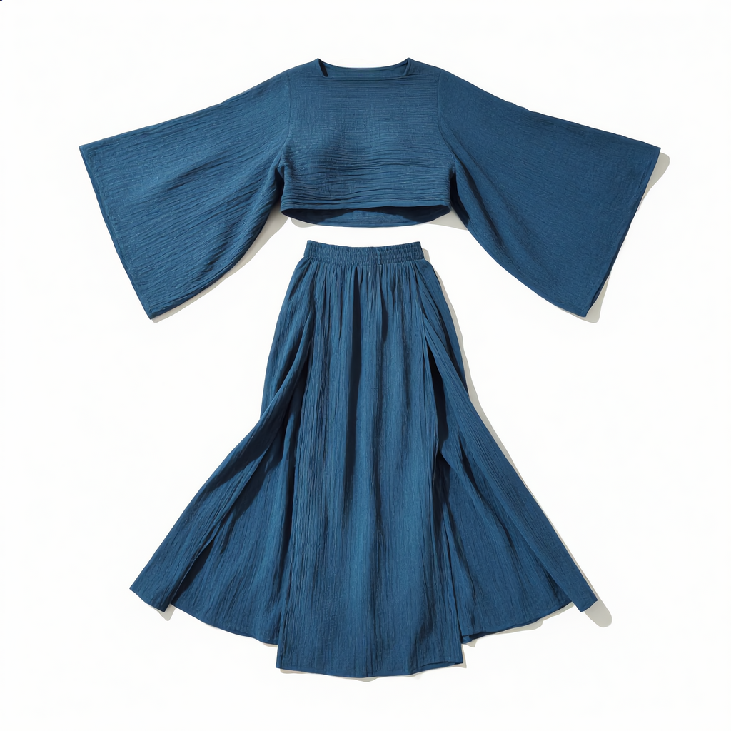 Cotton Linen Flare Sleeve High Slit Set
