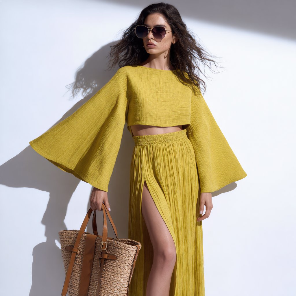 Cotton Linen Flare Sleeve High Slit Set