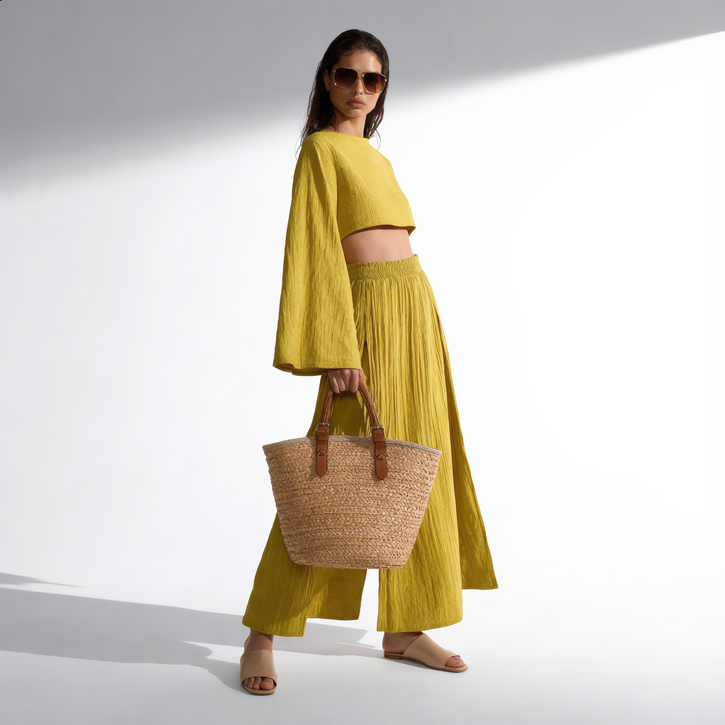 Cotton Linen Flare Sleeve High Slit Set