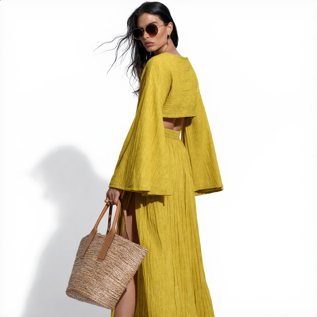 Cotton Linen Flare Sleeve High Slit Set