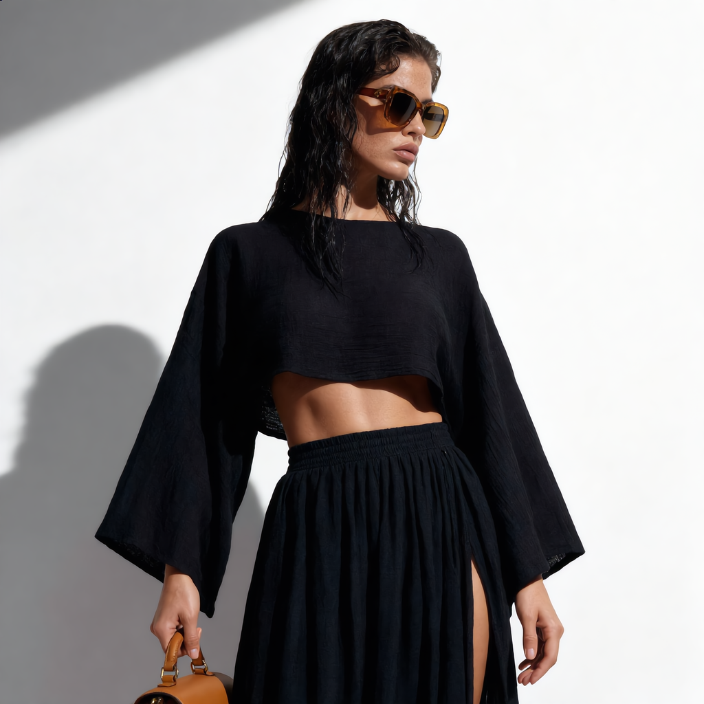 Cotton Linen Flare Sleeve High Slit Set