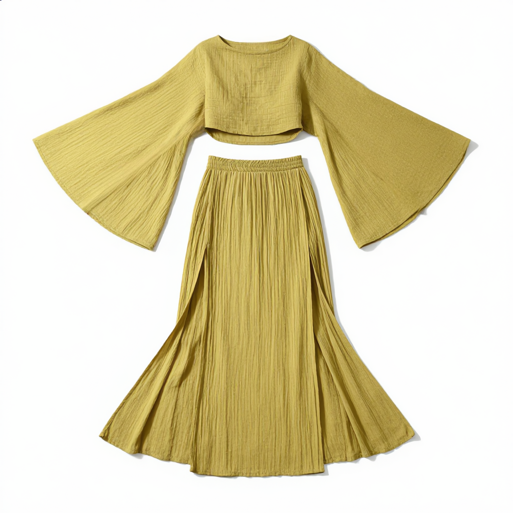 Cotton Linen Flare Sleeve High Slit Set