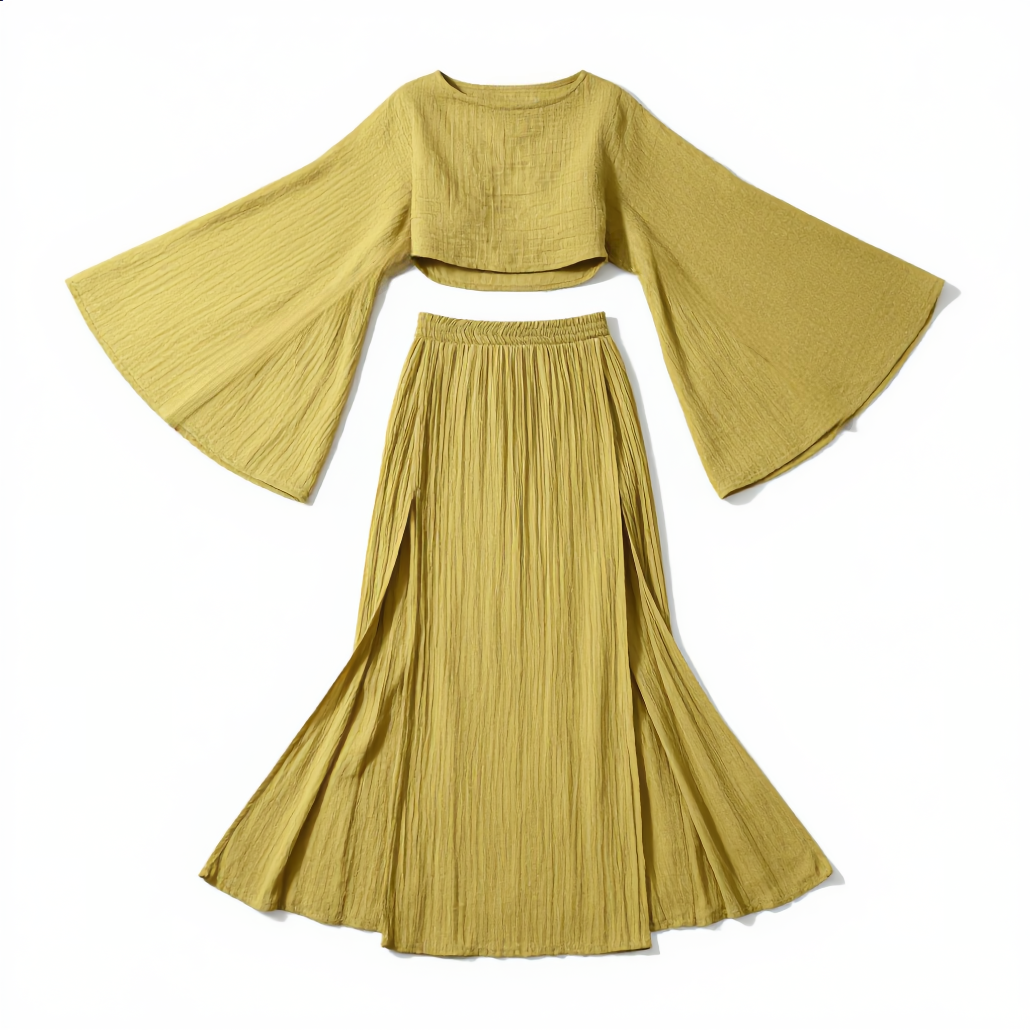 Cotton Linen Flare Sleeve High Slit Set