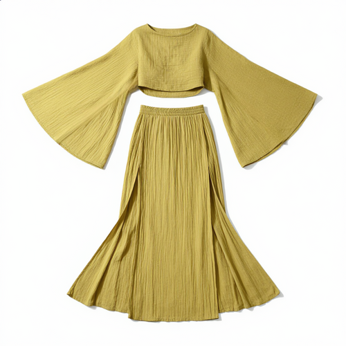 Cotton Linen Flare Sleeve High Slit Set