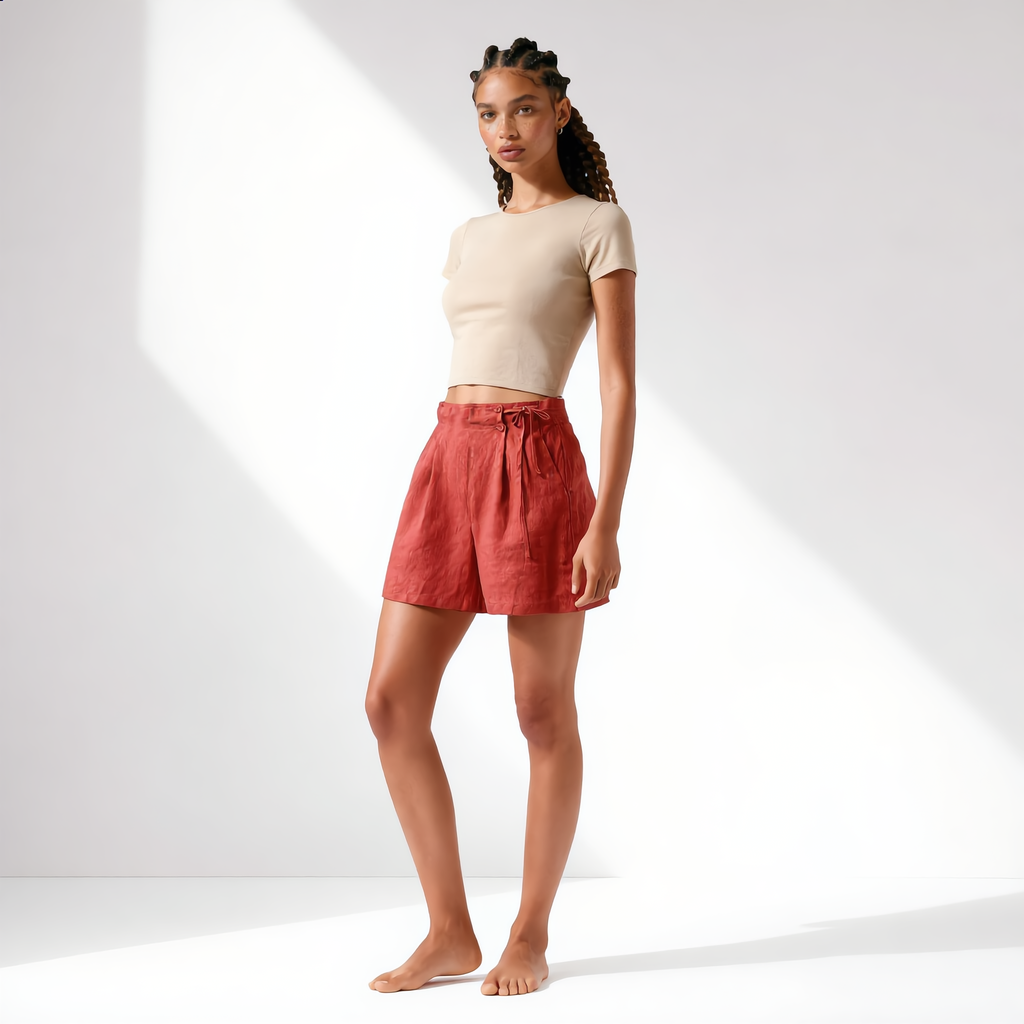 Linen Short High Waist Pleated